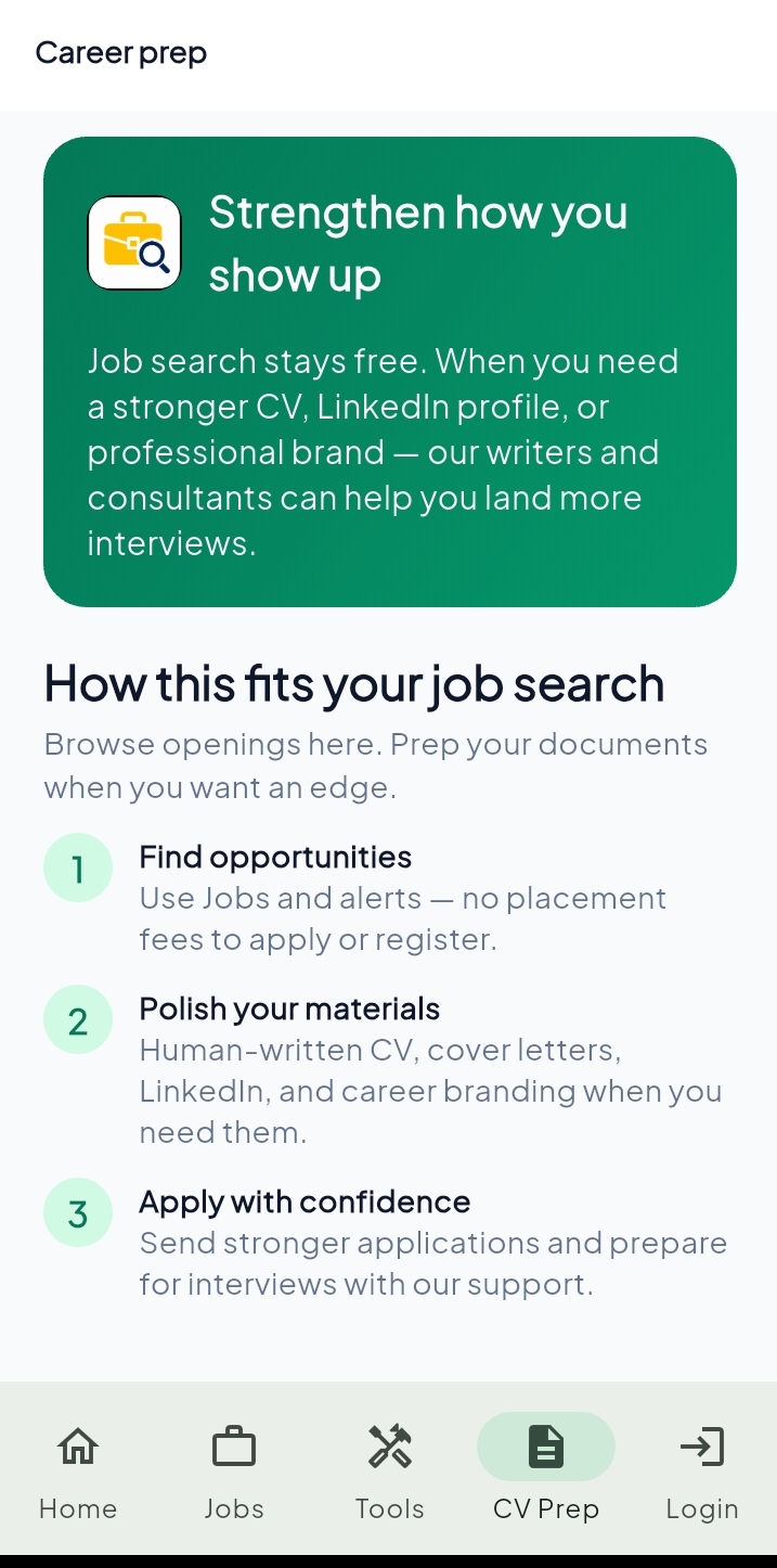 No Fee Jobs app — CV Prep
