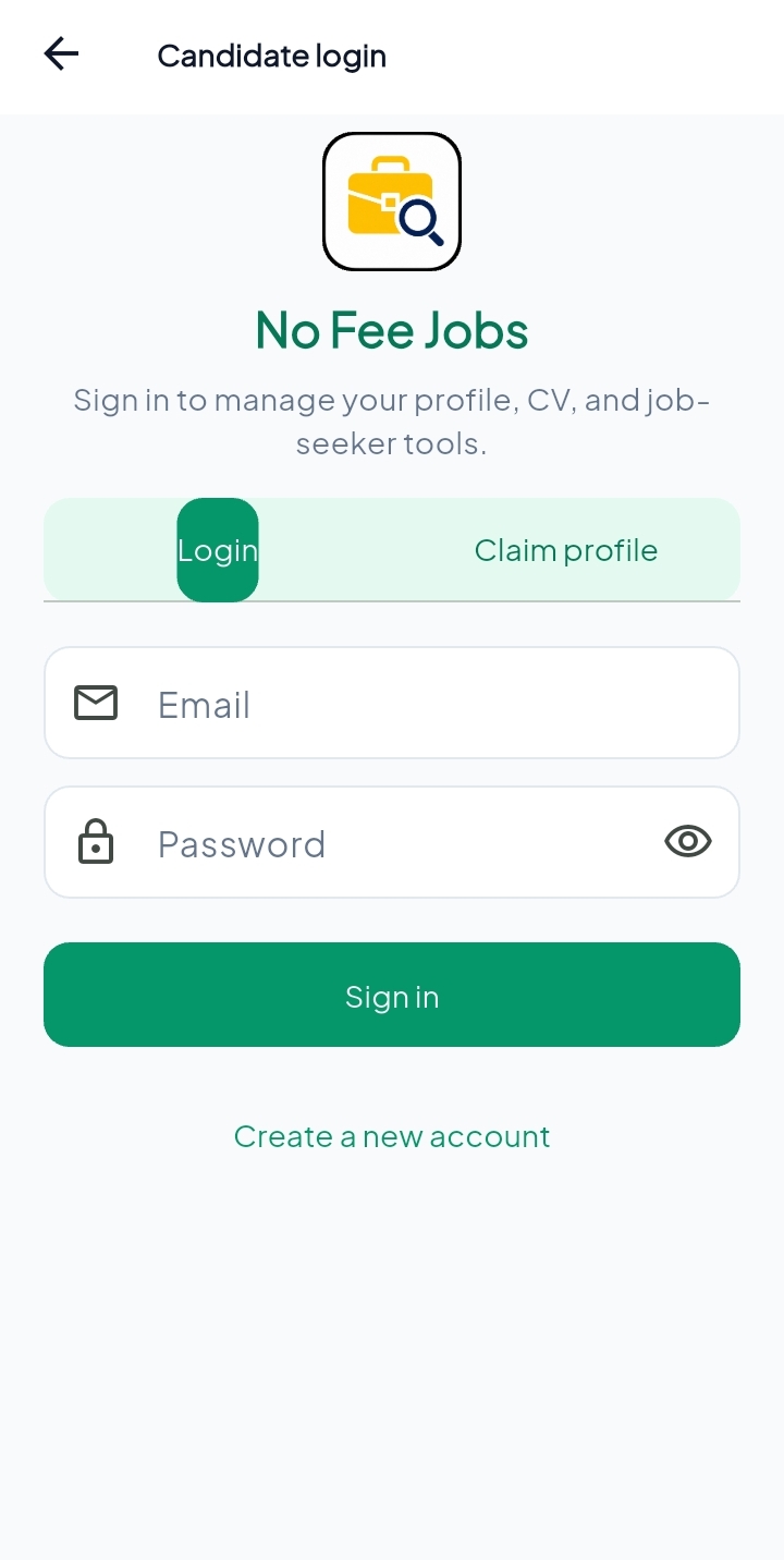 No Fee Jobs app — Account